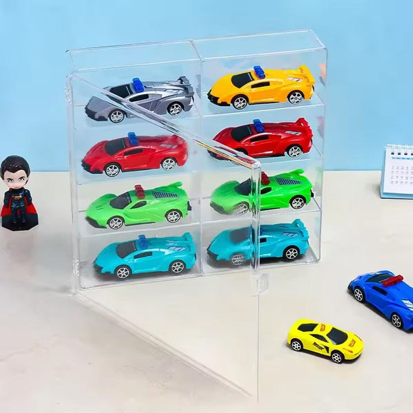 1:64 Acrylic Car Display Box – 8-grid, dustproof, stackable, transparent. Fits Hot Wheels.
