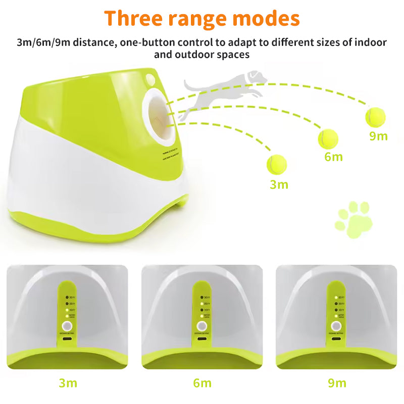 Rechargeable automatic tennis ball launcher for pets. Includes 3 balls, promotes interactive play.