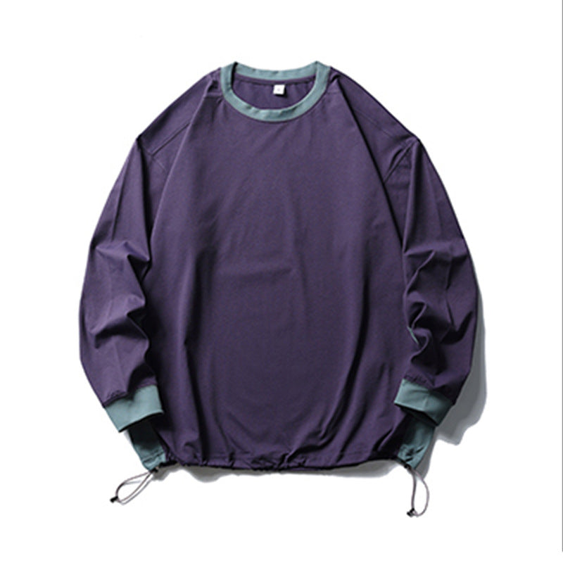 Trendy American Style Loose Long Sleeve T-Shirt for Men and Women, Breathable Quick-Dry Sun Protection with Drawstring Hem Round Neck Top