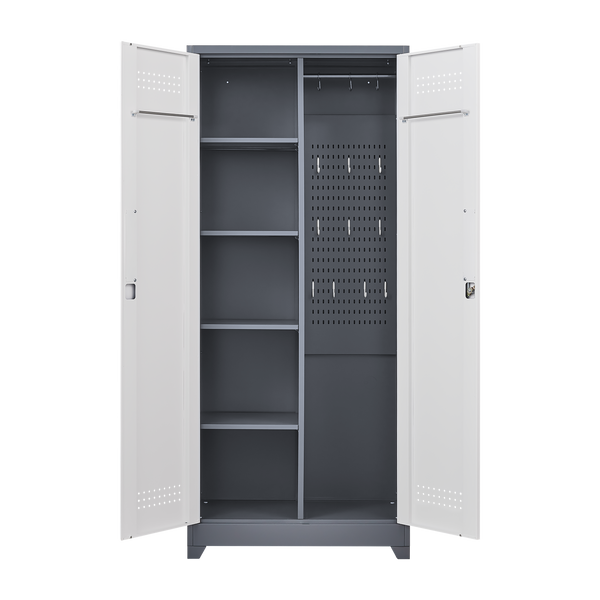 Metal storage cabinets, lockable cleaning tool cabinets, high broom tool organizers, and large storage cabinets in storage store