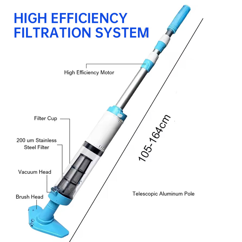 Rechargeable hand pool vacuum for spas/hot tubs/small pools, with auto immersion detector & bristle nozzle.