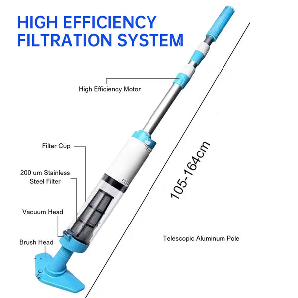 Rechargeable hand pool vacuum for spas/hot tubs/small pools, with auto immersion detector & bristle nozzle.