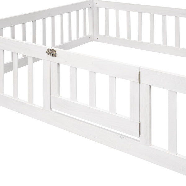 Full Size Wood House Bed with Fence and Door White Wash