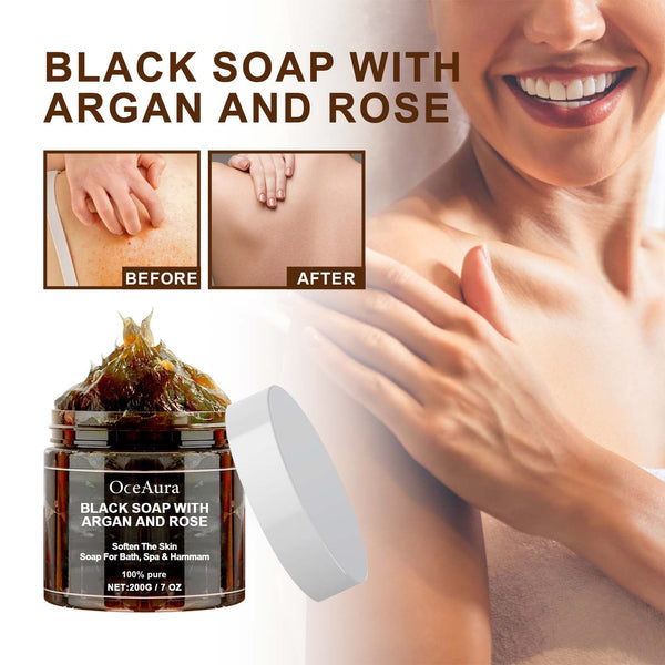 Black Soap With Argan And Rose, Deep Cleansing Moisturizing Skin Deodorizing Long-Lasting Cleansing Soap