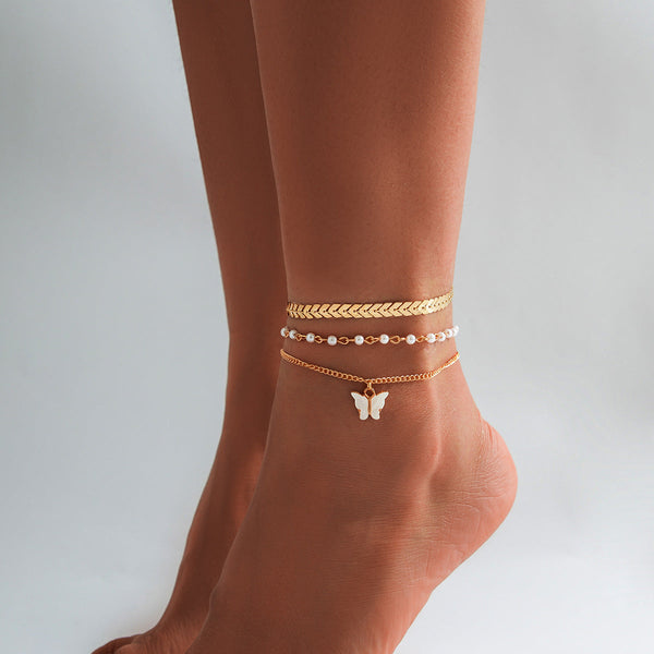 Beach star shaped tassel ankle bracelet, simple foot decoration, fashionable imitation pearl, versatile ankle chain