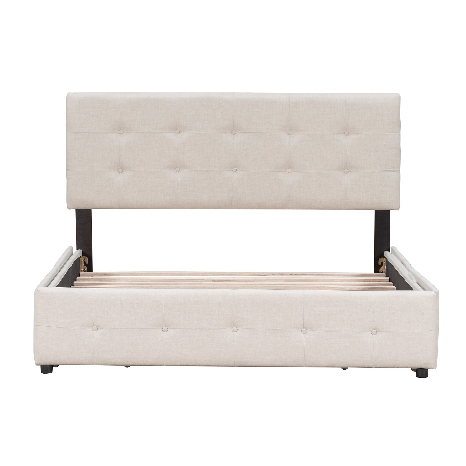 Upholstered Platform Bed with Classic Headboard and 4 Drawers No Box Spring Needed Linen Fabric Queen Size Beige