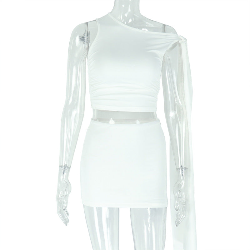 Strap Oblique Collar Asymmetric Dress Set Fitted Pencil Short Skirt Two-Piece Set Sexy Solid Color Women's Dress