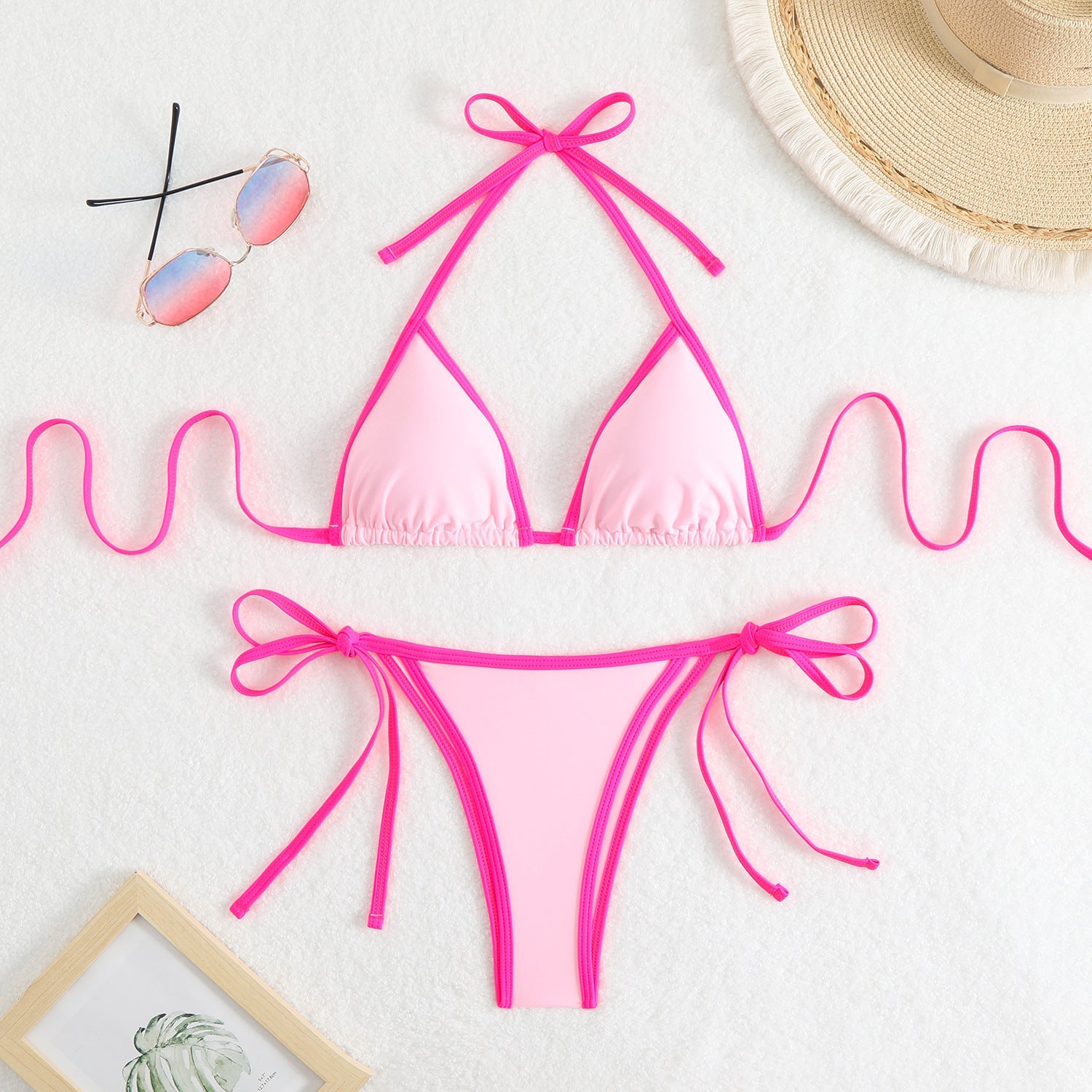 Nylon solid color women's split sexy triangle color bikini tie beach hot spring swimsuit swimsuit