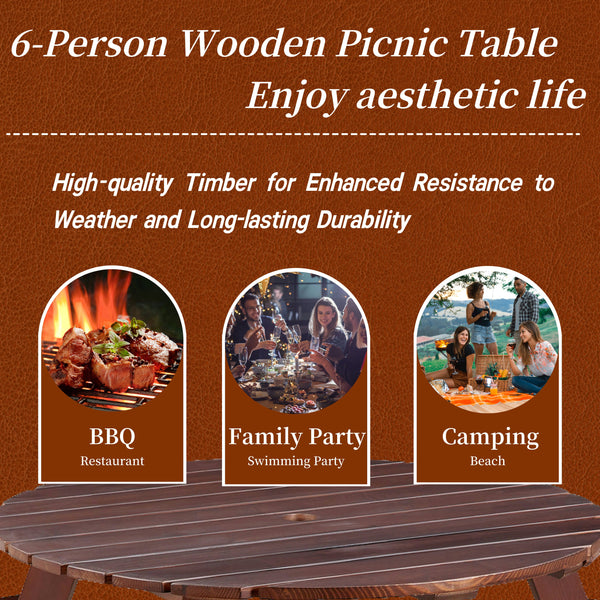 6-person circular picnic table with 3 built-in benches, umbrella holes, outdoor tables and chairs brown bench set