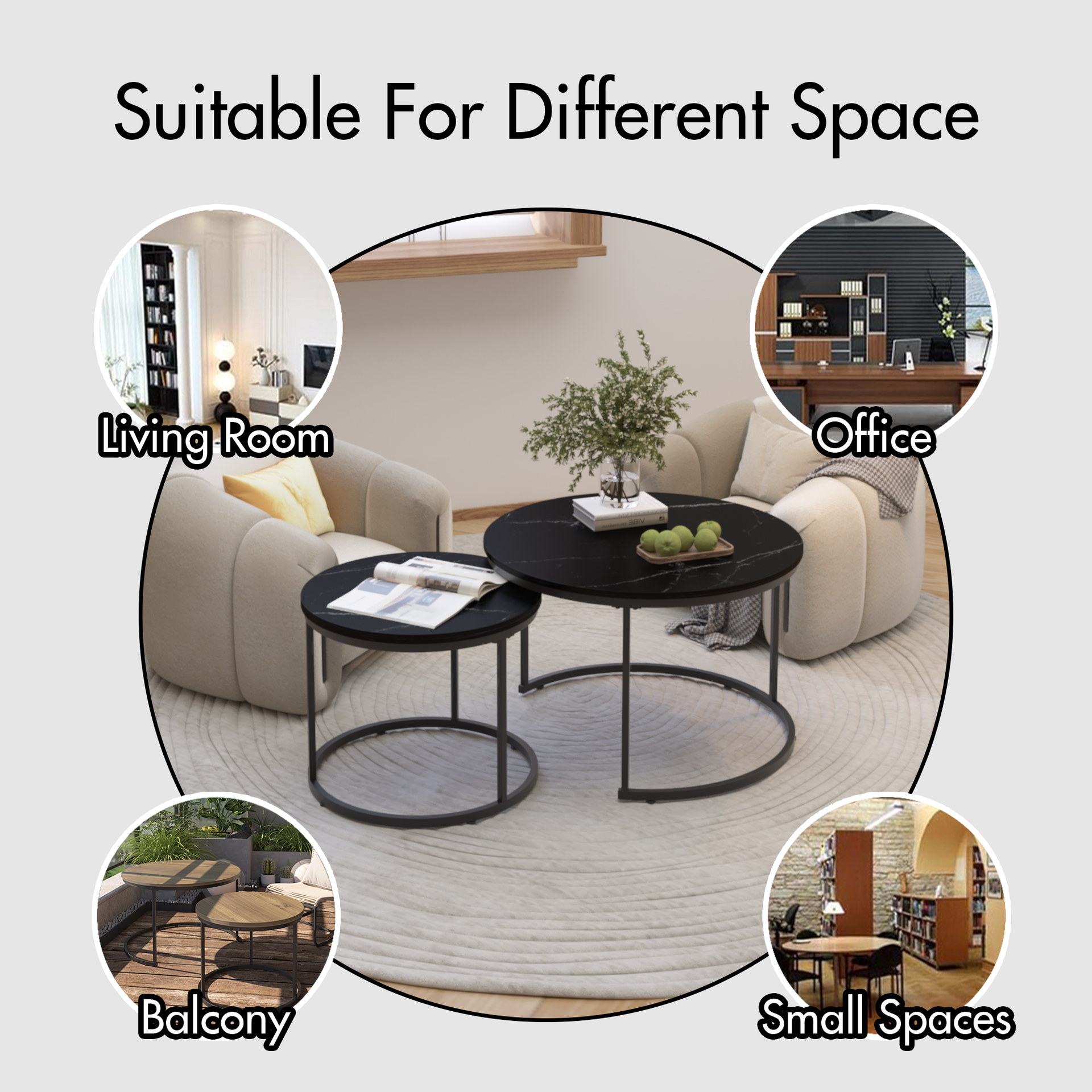 A set of nested coffee tables, 27.6-inch round coffee table, wooden marble patterned tabletop, sturdy metal frame (black)