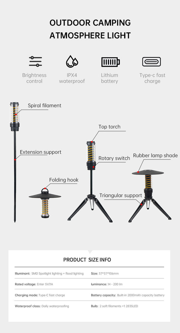 Outdoor Camping Light Portable Night Light Portable Flashlight Tripod Stand Lighting Lighthouse Marquee Tent Atmosphere Light