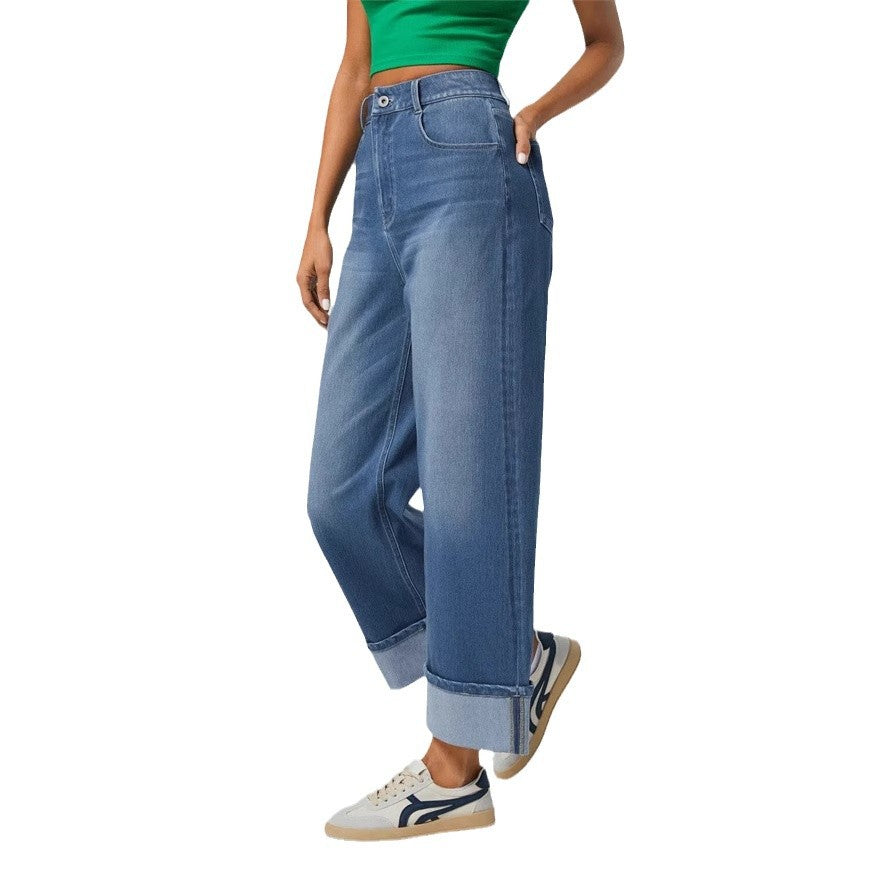 Fashionable high waisted straight leg jeans
