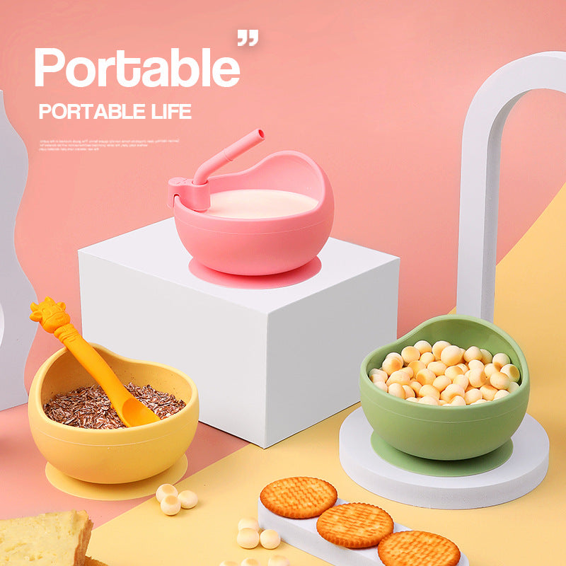 Children's Full Silicone Bowl Sucker Learning To Eat Training Meal Bowl Adsorption Baby Spoon Fork Meal Set Kindergarten Bowl Plate