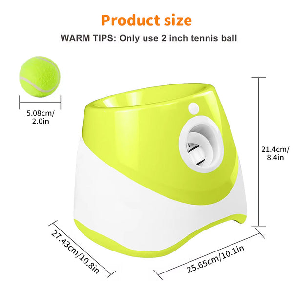 Rechargeable automatic tennis ball launcher for pets. Includes 3 balls, promotes interactive play.