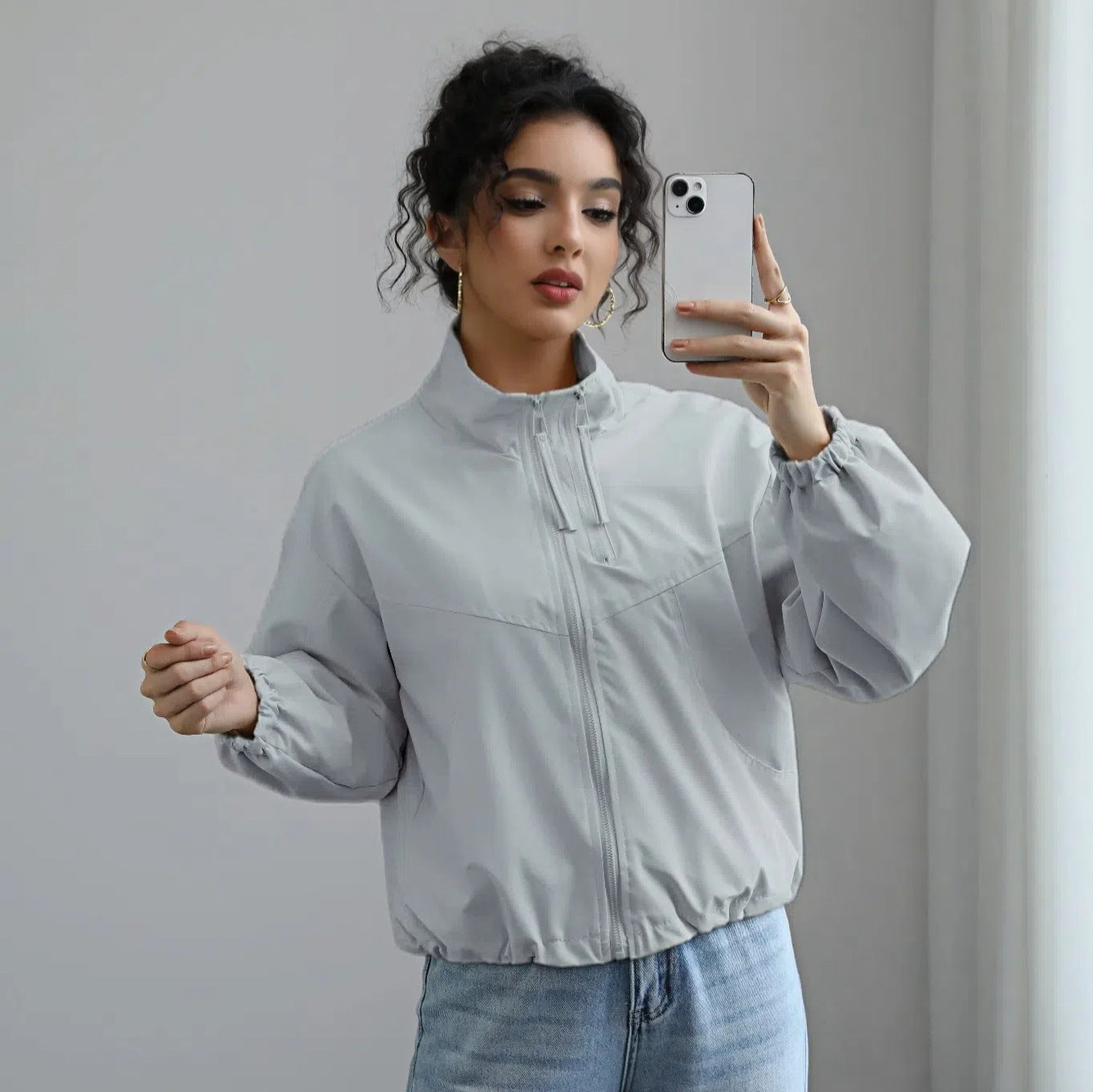 Fashionable Waterproof Short Jacket with Stand Collar for Women