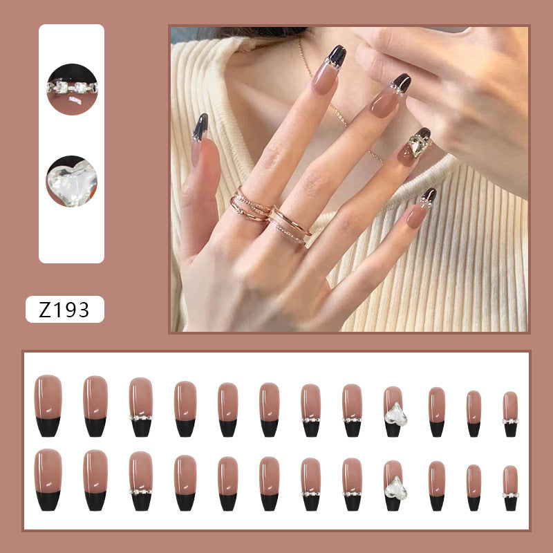 Black French Long Wearing Nail Rhinestone Love Chain Removable Fake Nail Nail Piece Nail Sticker Manicure Nail