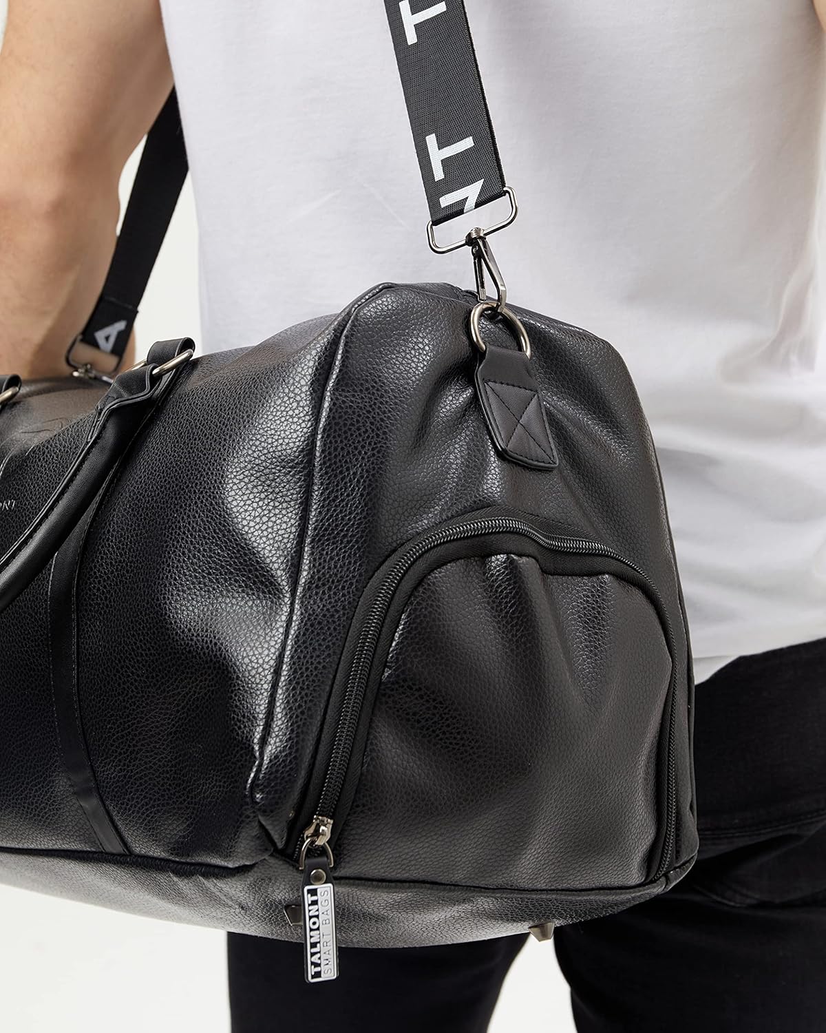 17.7 inch Gym Duffle Leather Bag with Shoe Compartment for Sports Travel - Adjustable Shoulder Strap, Weekender Travel Overnight Bag for Men