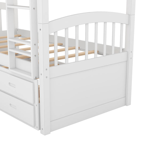 Twin over Twin Wood Bunk Bed with Trundle and Drawers White