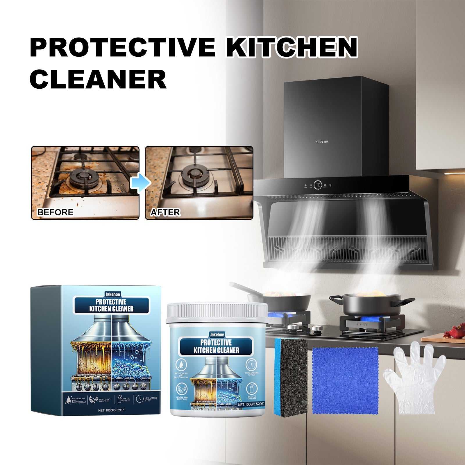 JAKEHOE Protective Kitchen Cleaner, Multi-Purpose Kitchen Stove Hood Heavy Oil Cleaning Dirt
