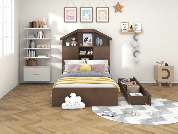 Twin Size Wood Platform Bed with House-shaped Storage Headboard and 2 Drawers Walnut