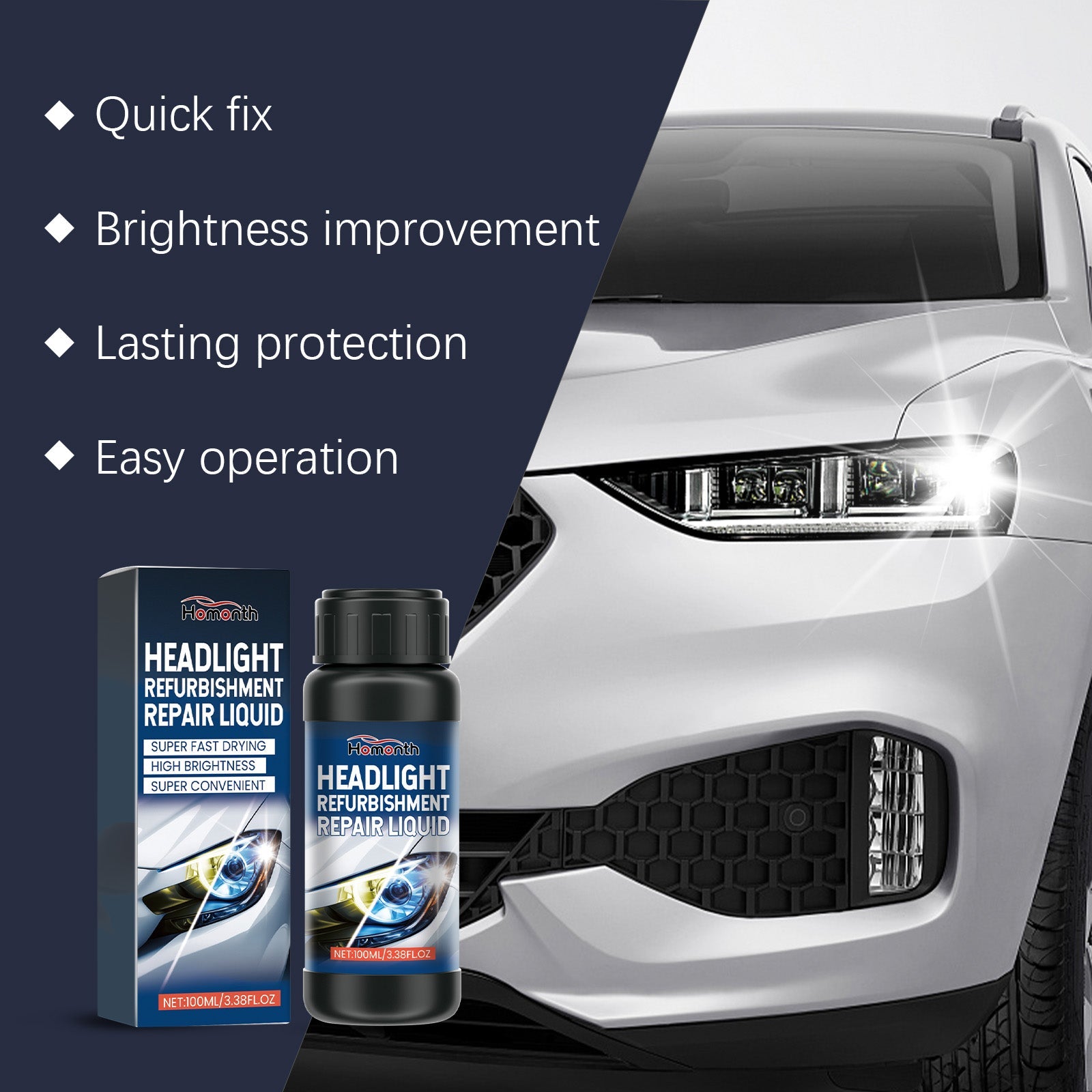 HOMONTH Headlight Refurbishment Repair Liquid, Headlight Yellow Easily Refurbished Reglow Crystal Bright Cleaning Liquid