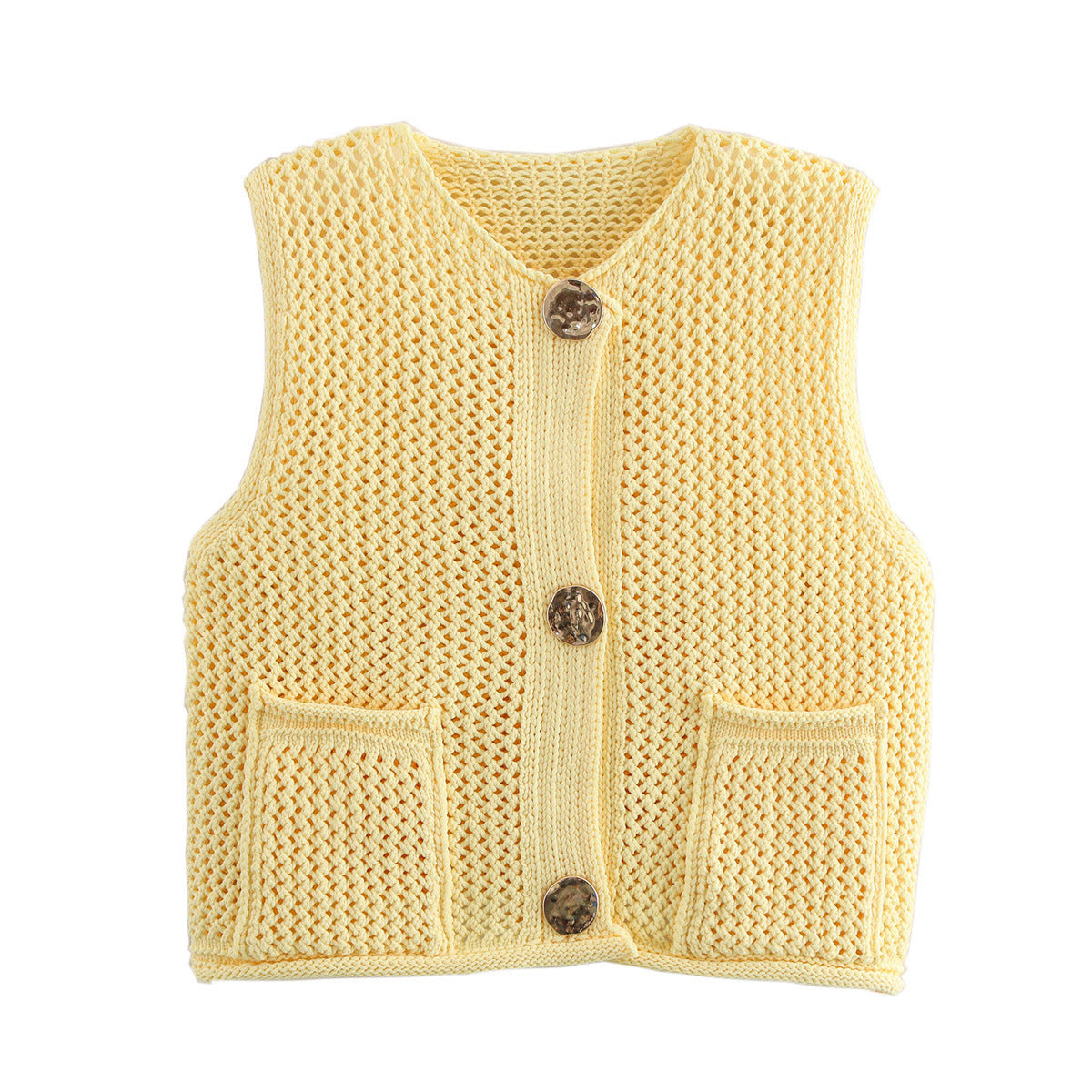 Street Fashion Crochet Hollow Vest Solid Color Versatile Round Neck Jacket