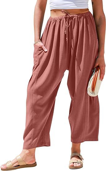 European and American women's elastic waisted pleated high waisted wide leg loose Haren cotton linen pants