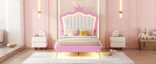 Twin Size Upholstered Bed Frame with LED Lights, Modern Upholstered Princess Bed with Crown Headboard, Pink+White