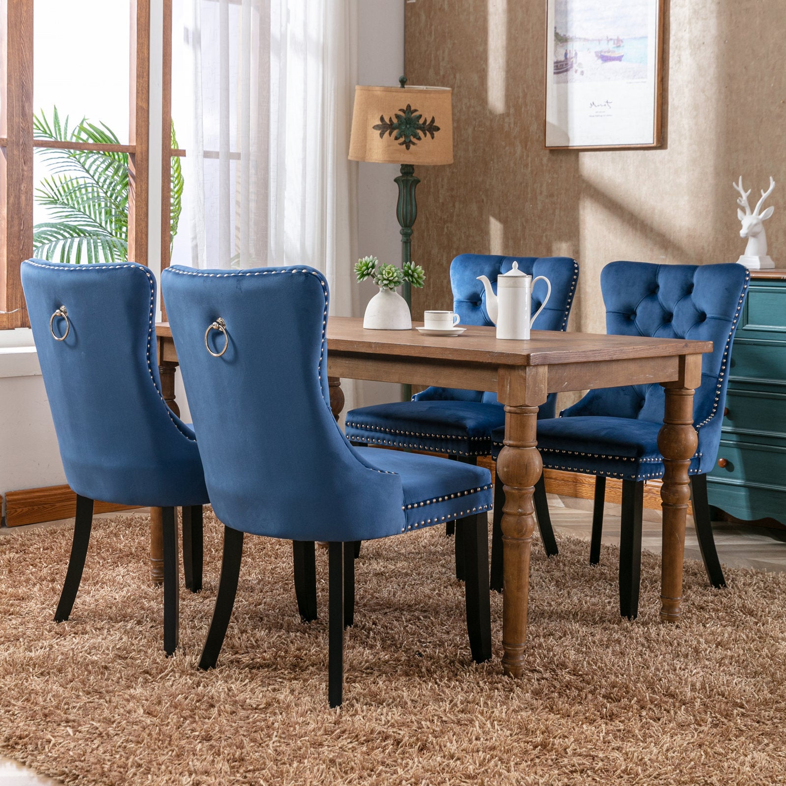 High-end Tufted Solid Wood Contemporary Velvet Upholstered Dining Chair with Wood Legs Nailhead Trim 2-Pcs Set Blue