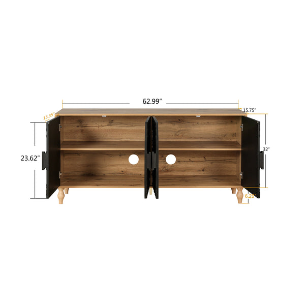 Black Carved Symmetrical Design Door And Wood Coloured Frame For TV Stand Table,Living Room ,Entryway