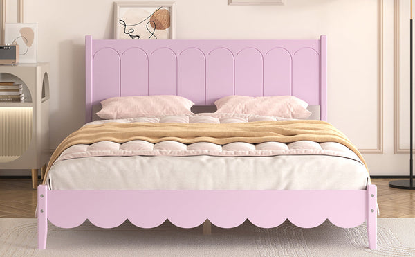 Queen Size Wood Platform Bed Frame, Retro Style Bed with Rectangular Headboard,No Need Box Spring,Pink