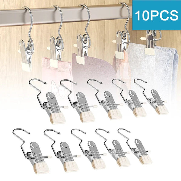 10pcs Stainless Steel Clothespins Laundry Clothes Pegs With Hook Portable Hanging Clothes Clip Wardrobe Clothes Organizer Hanger