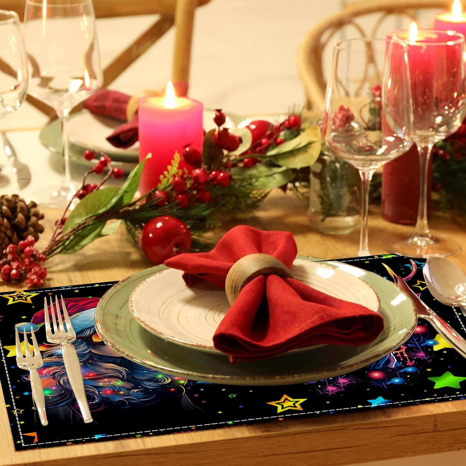 Christmas table mat with white linen starry sky and Santa Claus print