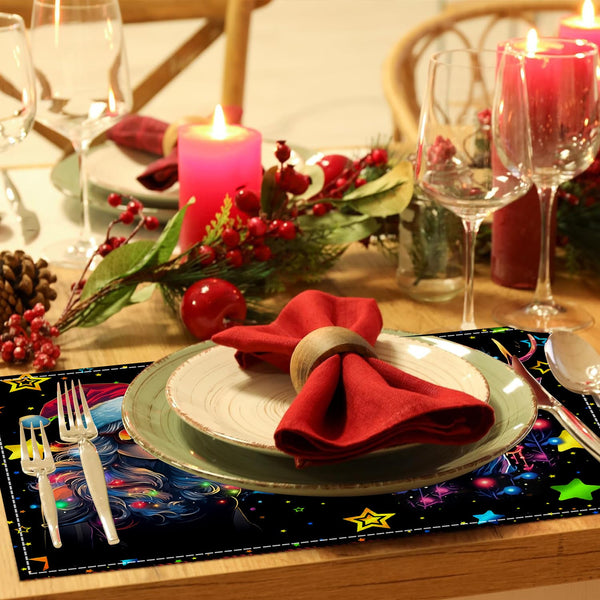 Christmas table mat with white linen starry sky and Santa Claus print