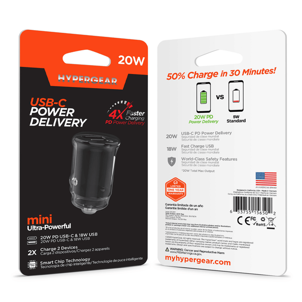HyperGear Mini 20W USB-C PD + 18W USB Fast Car Charger