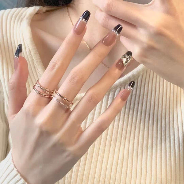 Black French Long Wearing Nail Rhinestone Love Chain Removable Fake Nail Nail Piece Nail Sticker Manicure Nail