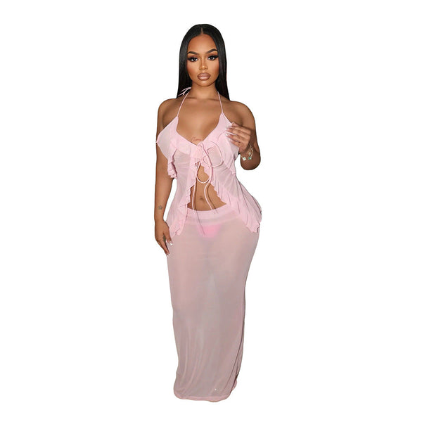 Sexy Transparent Set with Belted Sleeveless Cardigan and Fashionable Long Skirt Two-Piece Set for Women