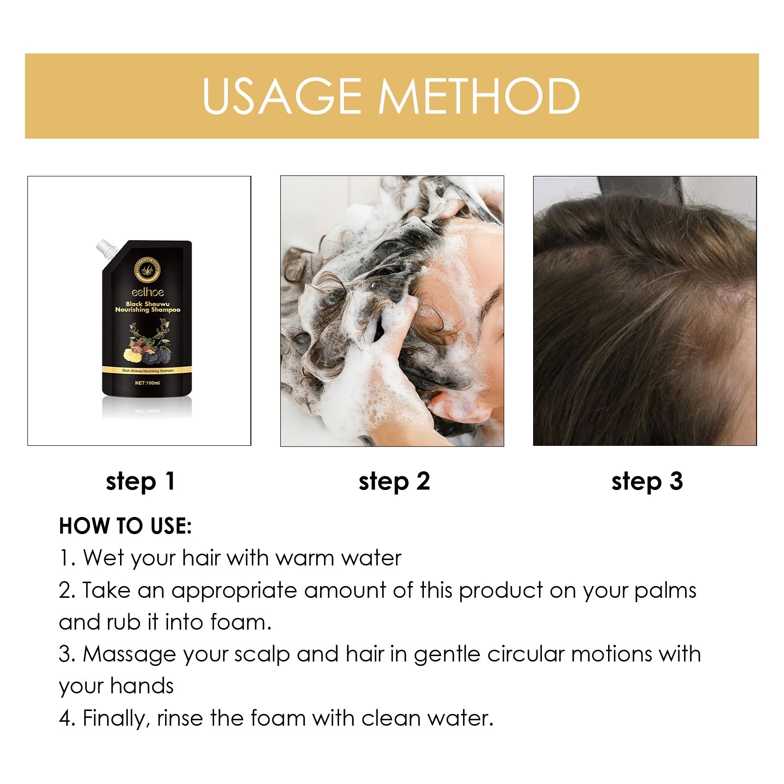 Black Ganoderma Multiflorum Shampoo Natural Black Hair Thick Moisturizing Scalp Soft Wash