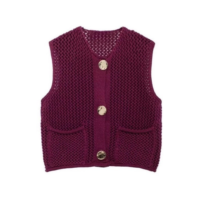 Street Fashion Crochet Hollow Vest Solid Color Versatile Round Neck Jacket