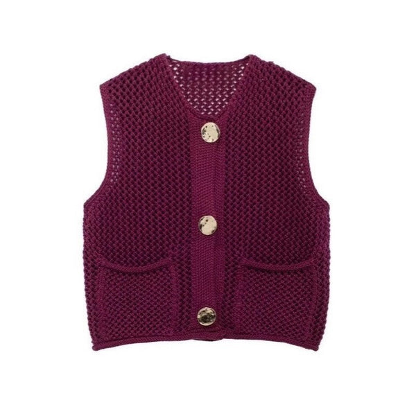 Street Fashion Crochet Hollow Vest Solid Color Versatile Round Neck Jacket