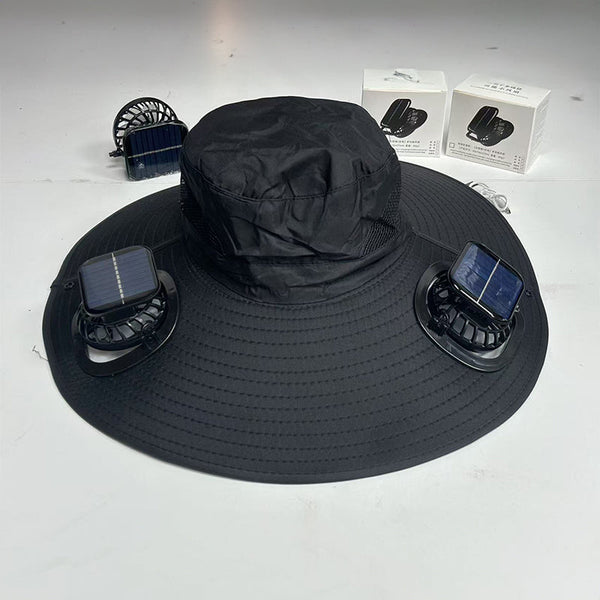 Solar fan hat: wide - brim bucket hat with 2 solar fans, men’s summer cap for outdoor fishing, camping, hiking.