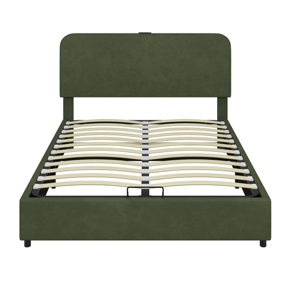 Large hydraulic storage bed with soft cushion lifting storage bed with RGB LED lights, Bluetooth speaker lychee velvet, green