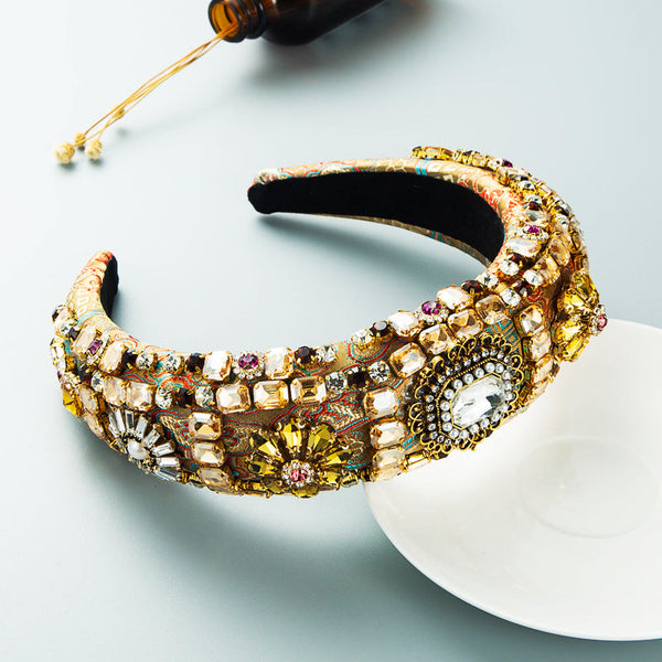 Hair Hoop Baroque Court Style Heavy Industry Full Drill Hoop Thickened Sponge Embroidery Wide-Brimmed Prom Hair Accessories