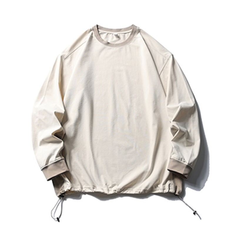 Trendy American Style Loose Long Sleeve T-Shirt for Men and Women, Breathable Quick-Dry Sun Protection with Drawstring Hem Round Neck Top