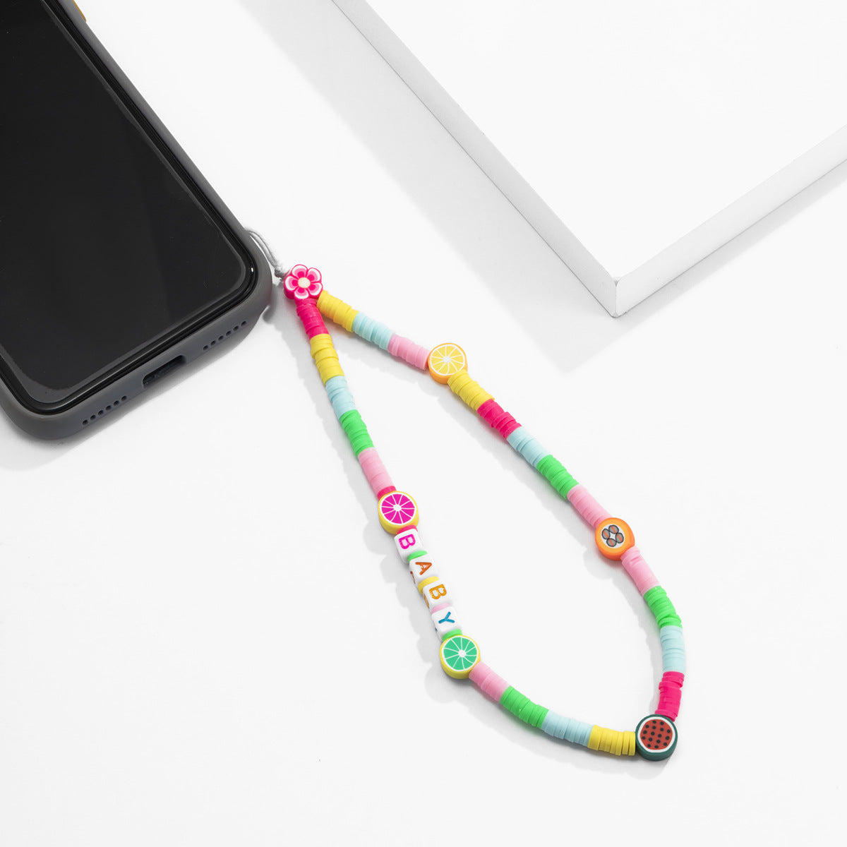 Simple color collision fresh fruit bead mobile phone chain geometric soft ceramic pendant rope chain