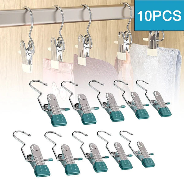 10pcs Stainless Steel Clothespins Laundry Clothes Pegs With Hook Portable Hanging Clothes Clip Wardrobe Clothes Organizer Hanger