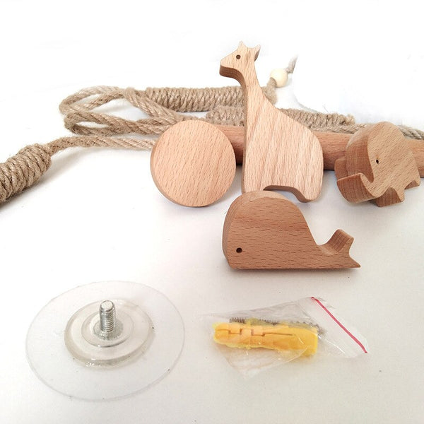 Nordic Indoor Wooden Solid Wood Hemp Rope Animal Tissue Holder Children's Room Decoration Wall Hanger Hemp Rope Hook Toilet Paper Holder