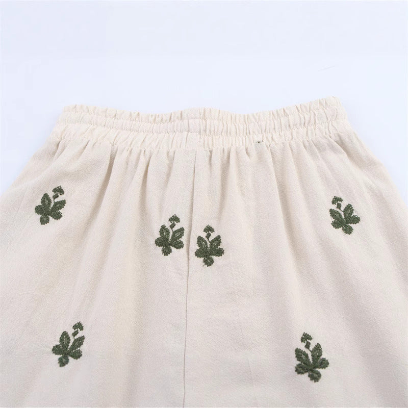 Elastic Waist Tied Embroidered Wide Leg Pants for WomenStyle Fashion Casual