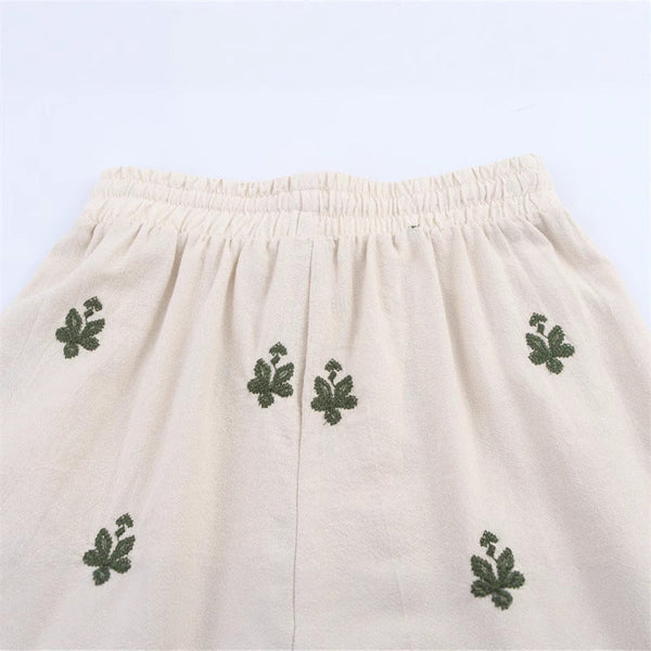 Elastic Waist Tied Embroidered Wide Leg Pants for WomenStyle Fashion Casual