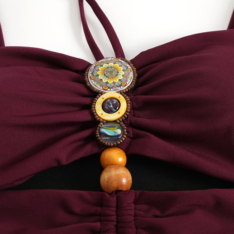 Strap decoration hollow neck hanging strap one-piece swimsuit women's long skirt set